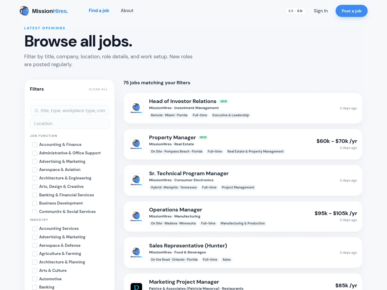 MissionHires AI Job Board website screenshot