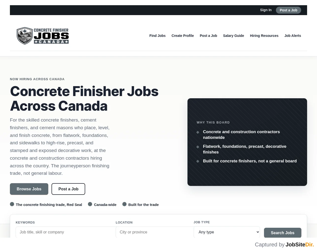 Concrete Finisher Jobs Canada website screenshot