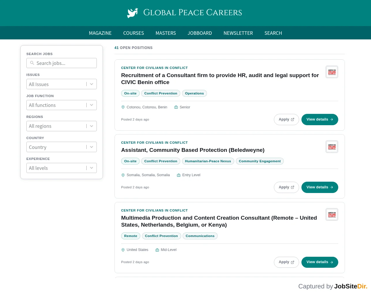 Global Peace Careers website screenshot
