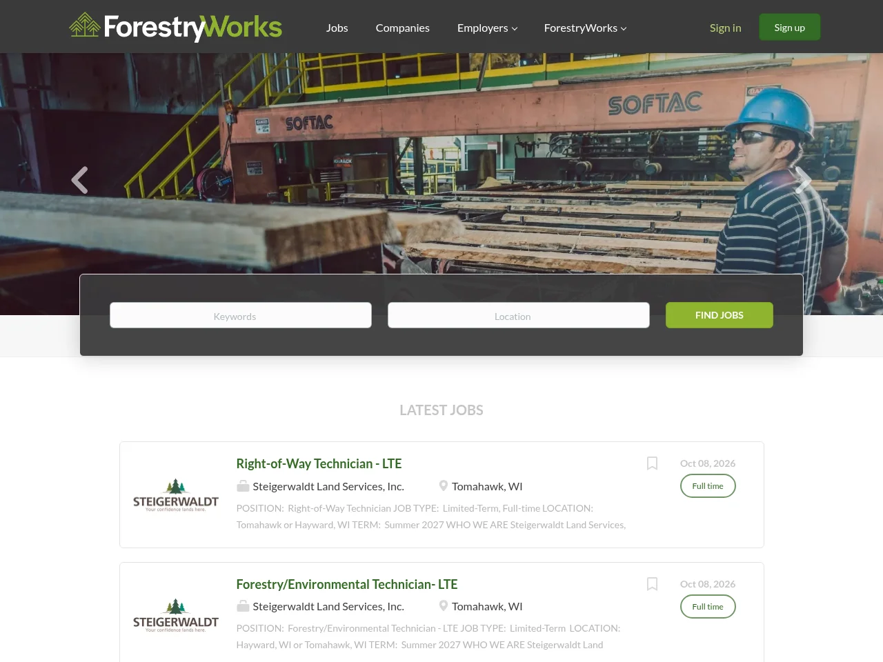 ForestryWorks Job Board website screenshot