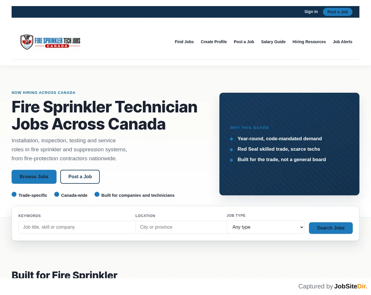 Fire Sprinkler Technician Jobs Canada website screenshot