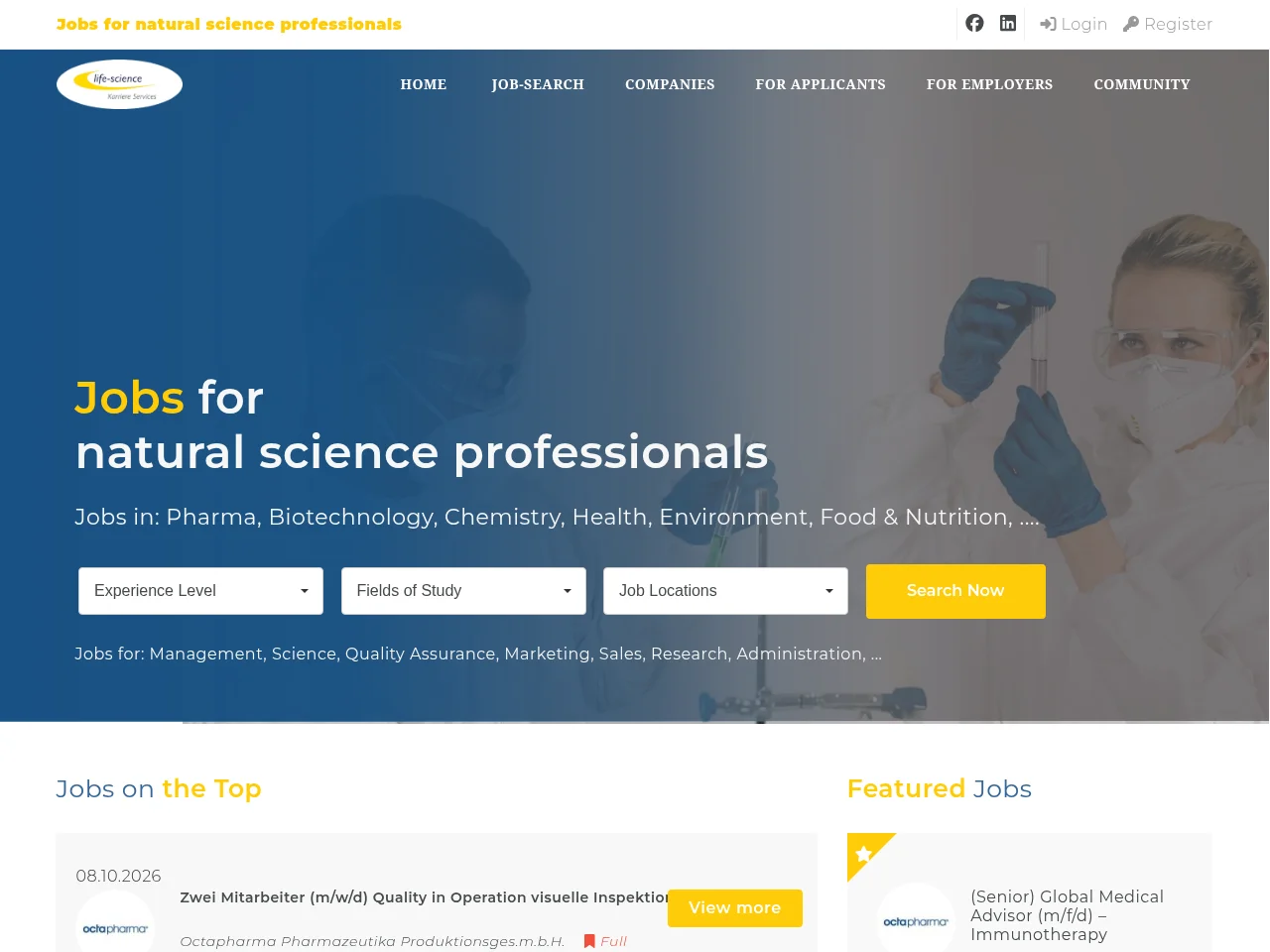 Jobbörse für Naturwissenschafter / life sciences website screenshot