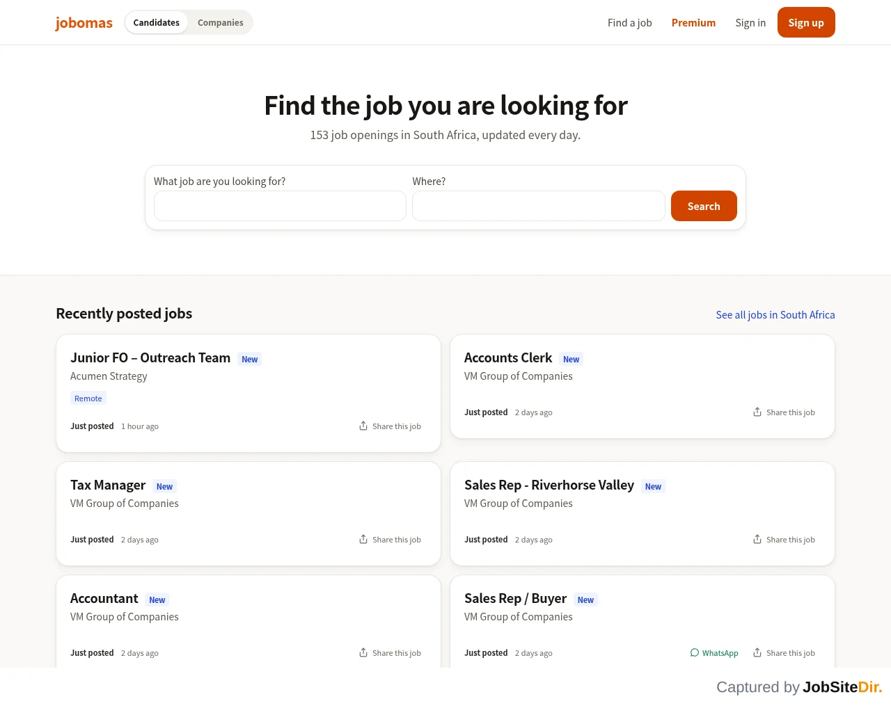 Jobomas South Africa website screenshot
