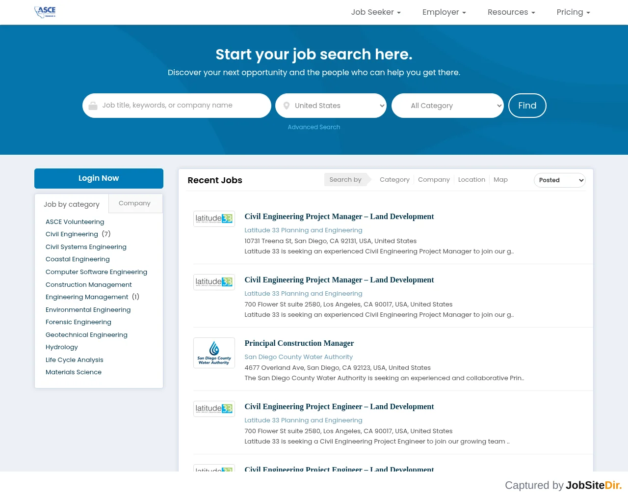 ASCE Region 9 Job Board website screenshot