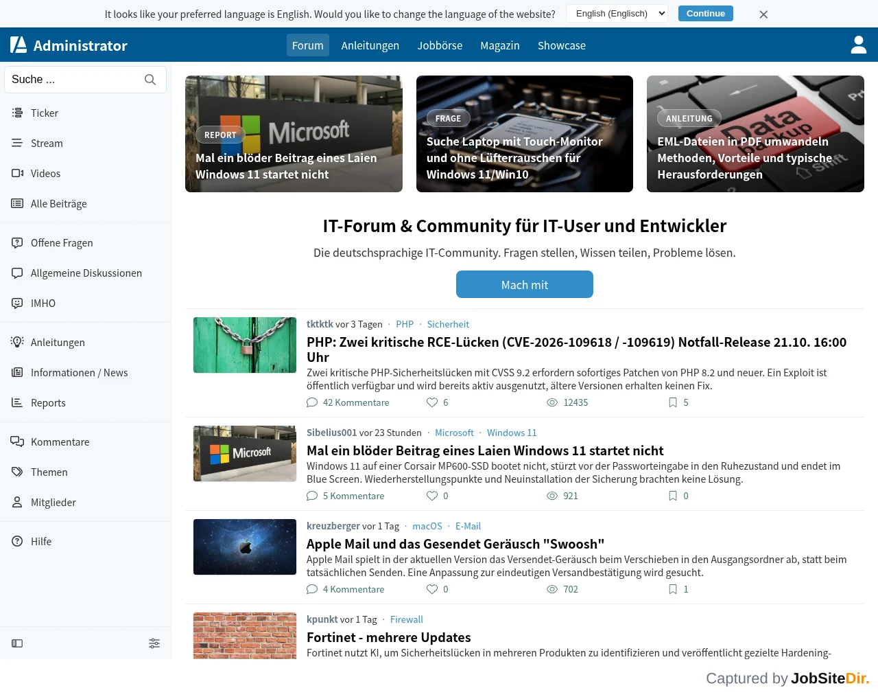 Administrator website screenshot