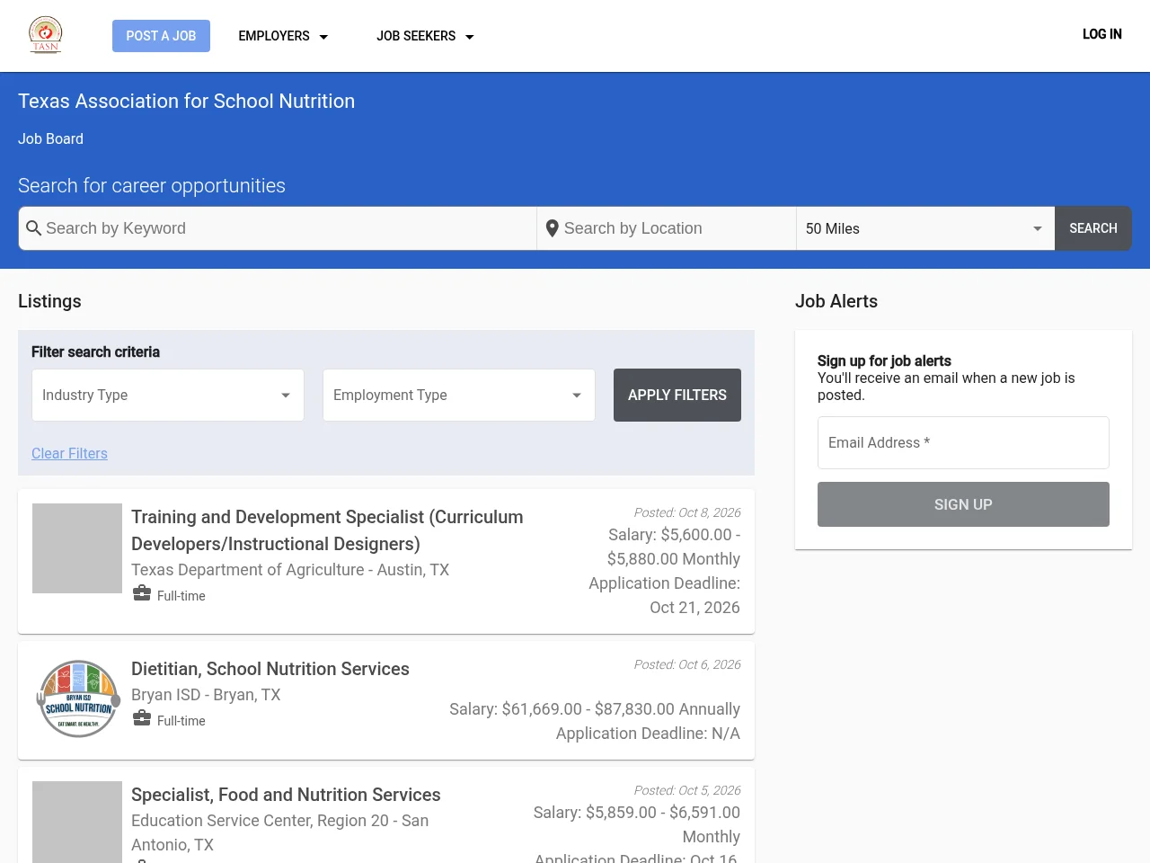 Texas Association for School Nutrition Job Board website screenshot