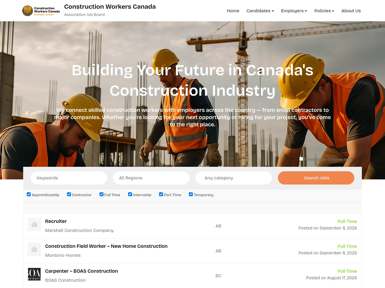 Construction Workers Canada – Association Job Board website screenshot