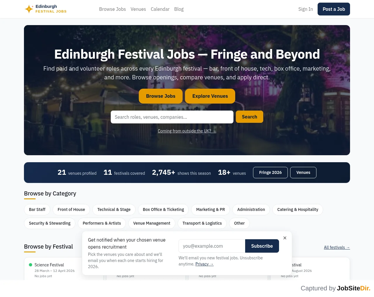Edinburgh Festival Jobs website screenshot