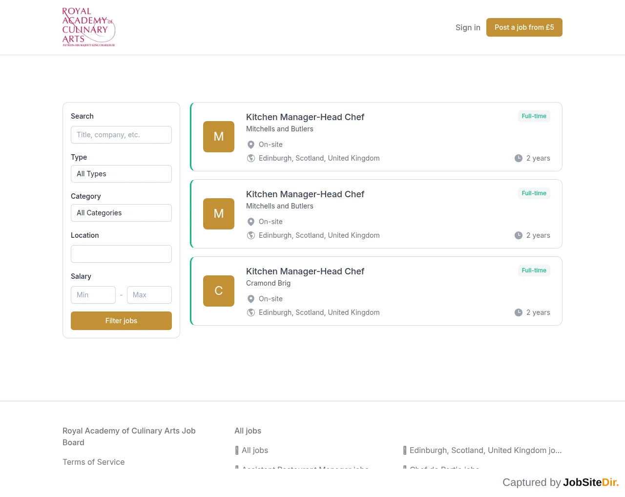 Royal Academy of Culinary Arts Job Board website screenshot