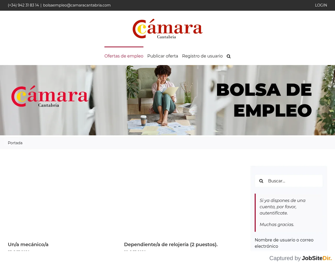 Bolsa de Empleo - Cámara de Comercio de Cantabria website screenshot