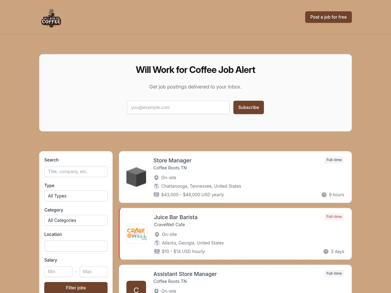 Will Work for Coffee website screenshot