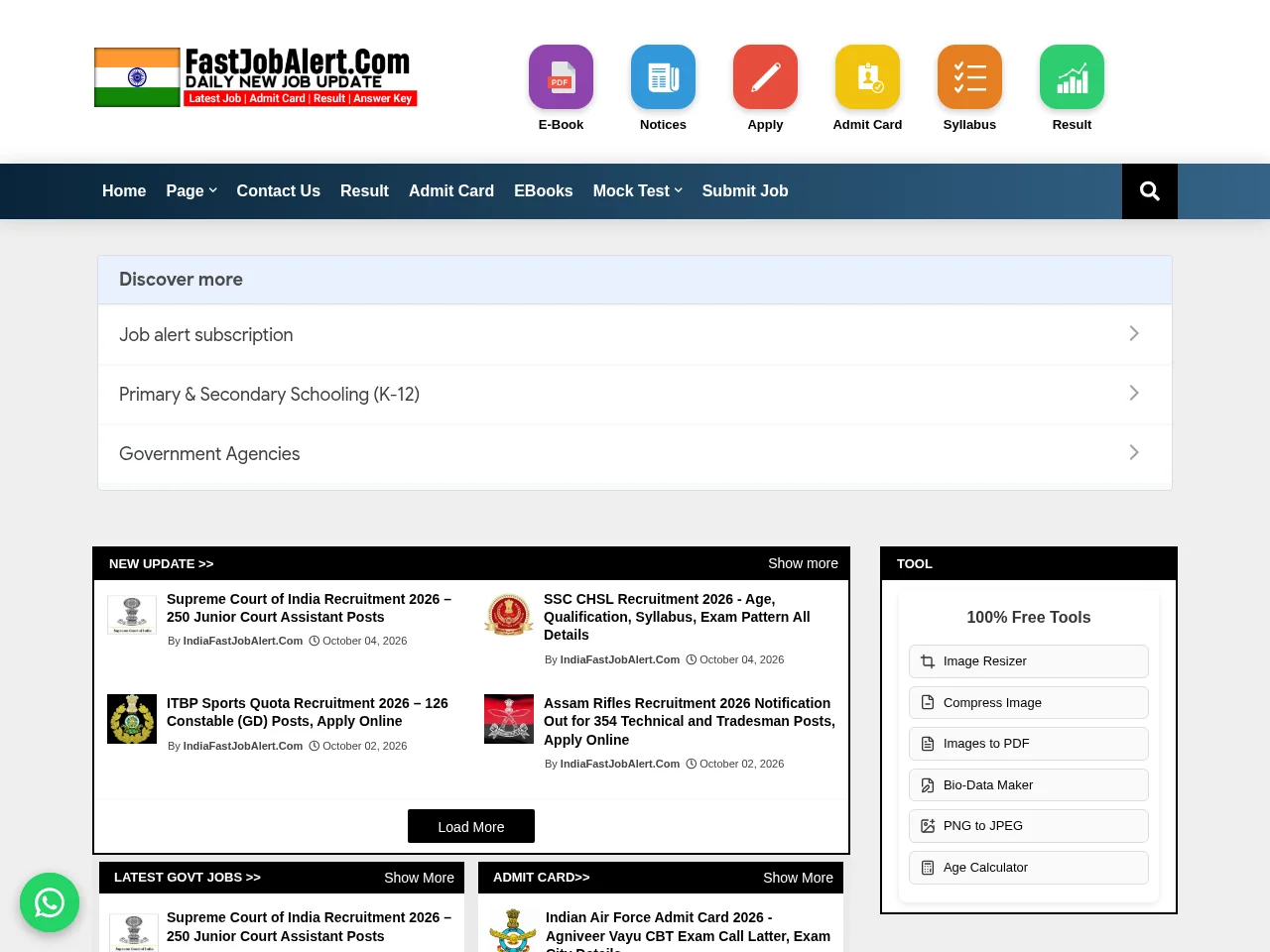 IndiaFastJobAlert website screenshot