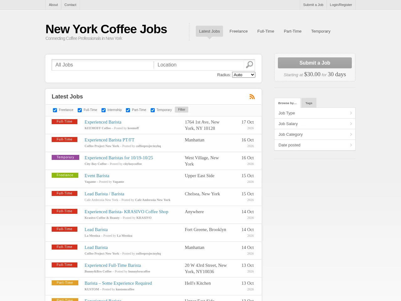 New York Coffee Jobs website screenshot