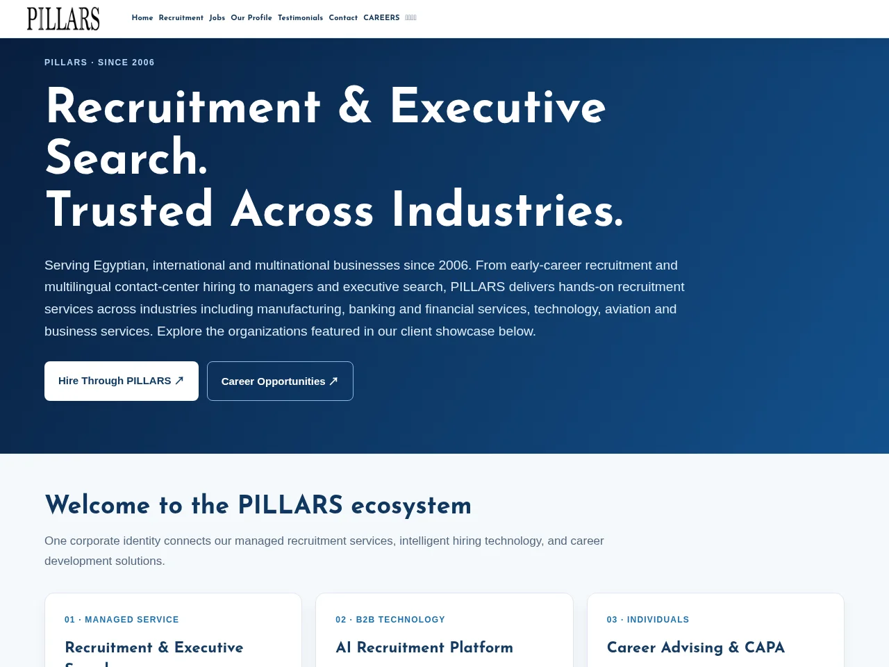 PILLARS Advising screenshot PILLARS Advising website screenshot