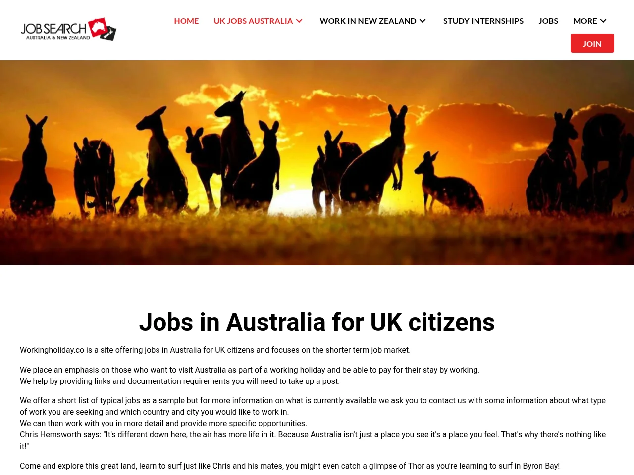 Working Holiday Co website screenshot