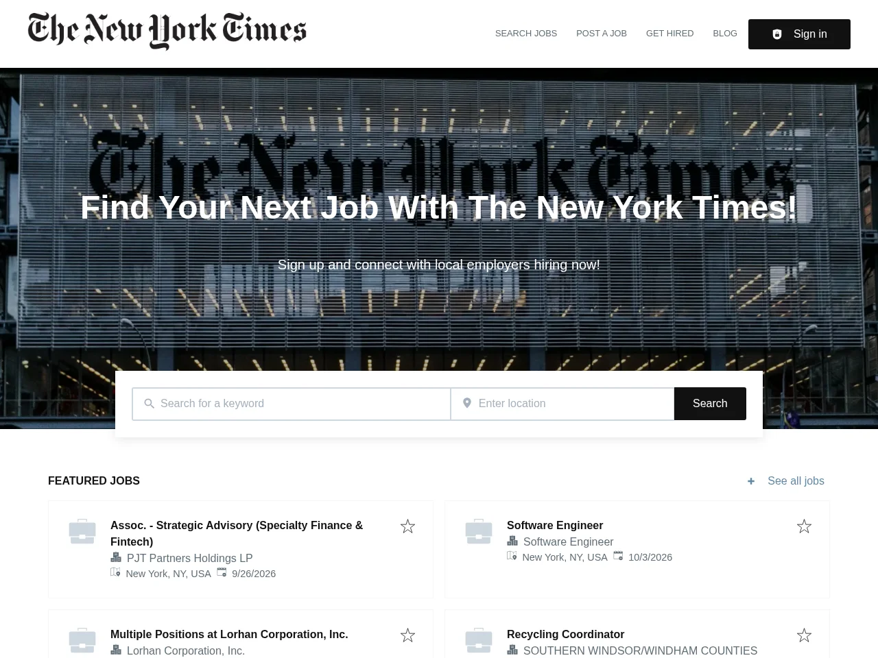 NYTimes Jobs screenshot NYTimes Jobs website screenshot