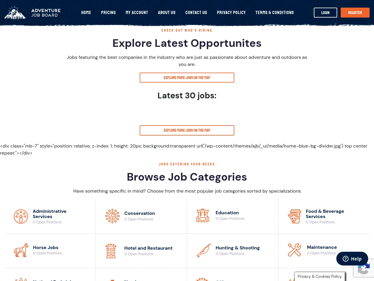 Adventure Job Board website screenshot