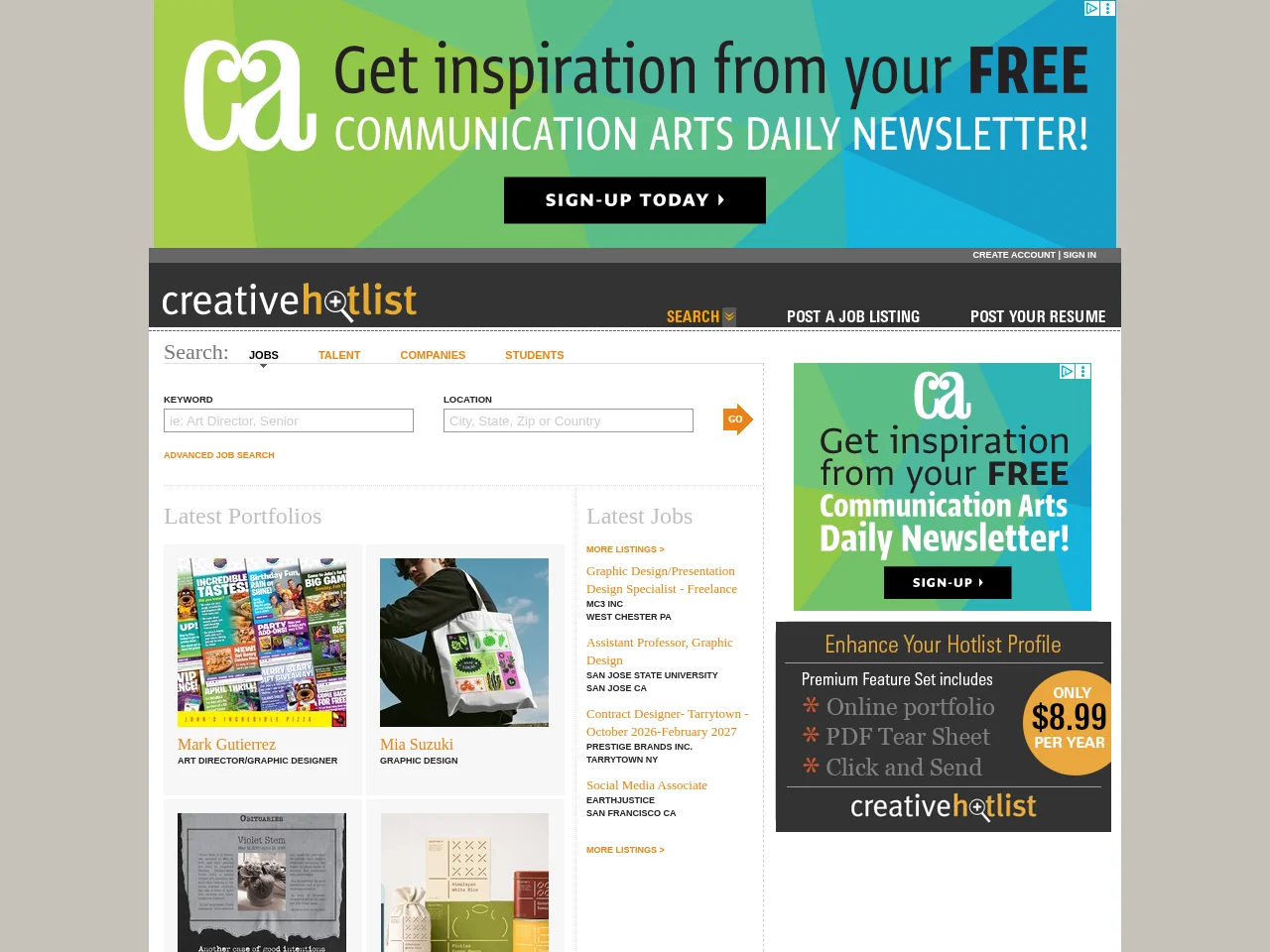 Creative Hotlist website screenshot