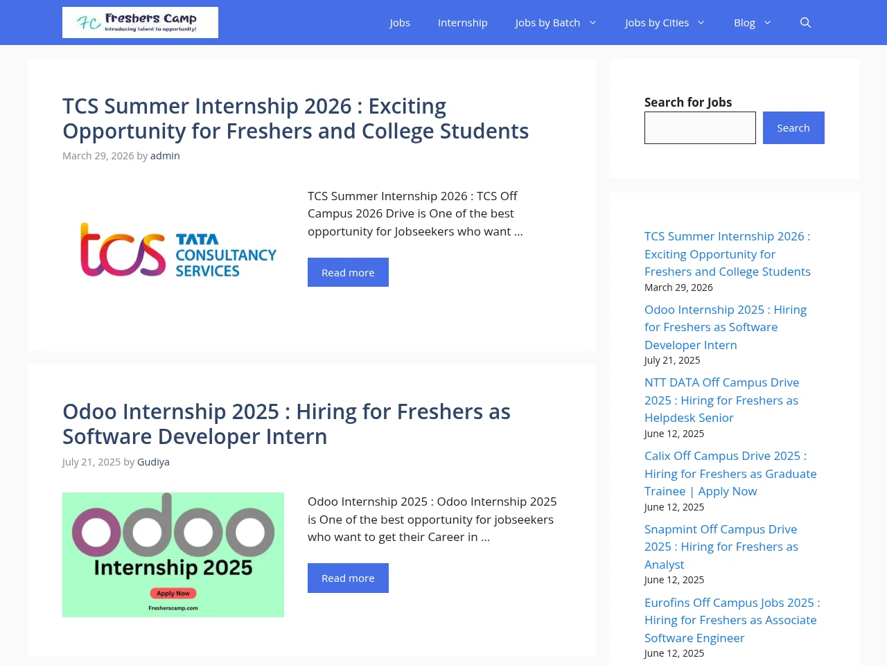 FreshersCamp website screenshot