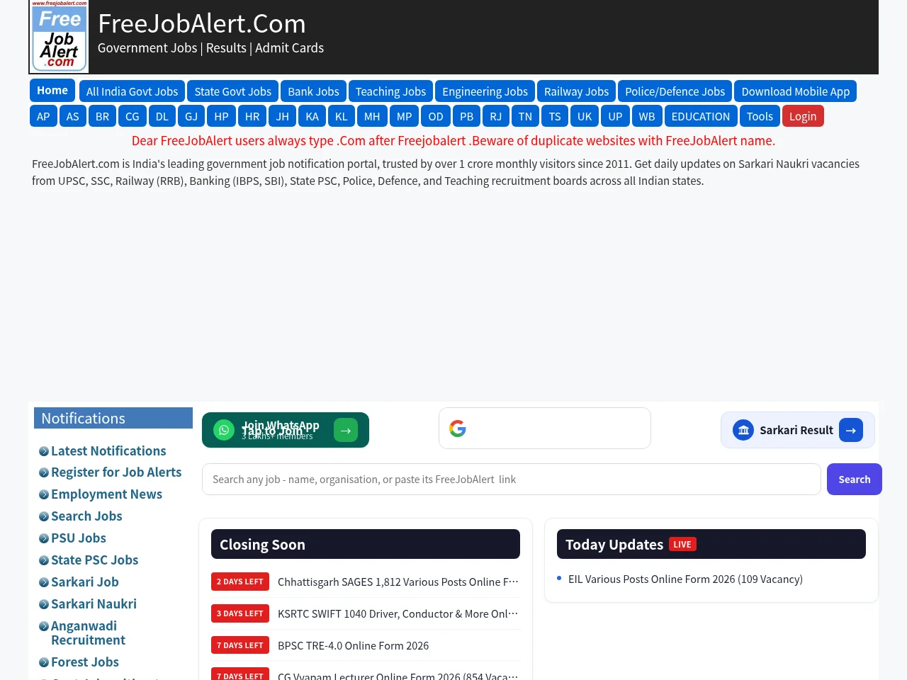 FreeJobAlert website screenshot