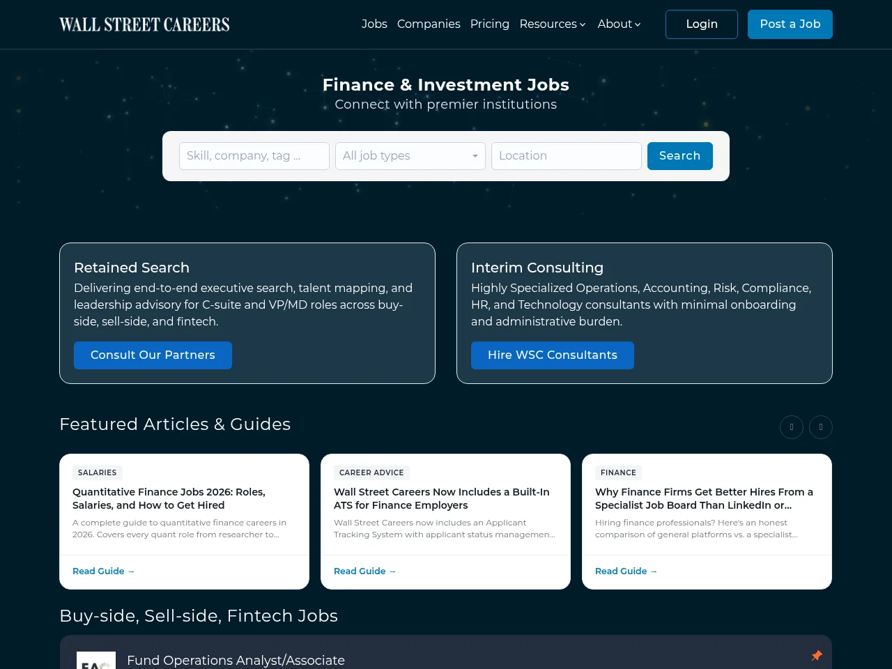 Wall Street Careers website screenshot