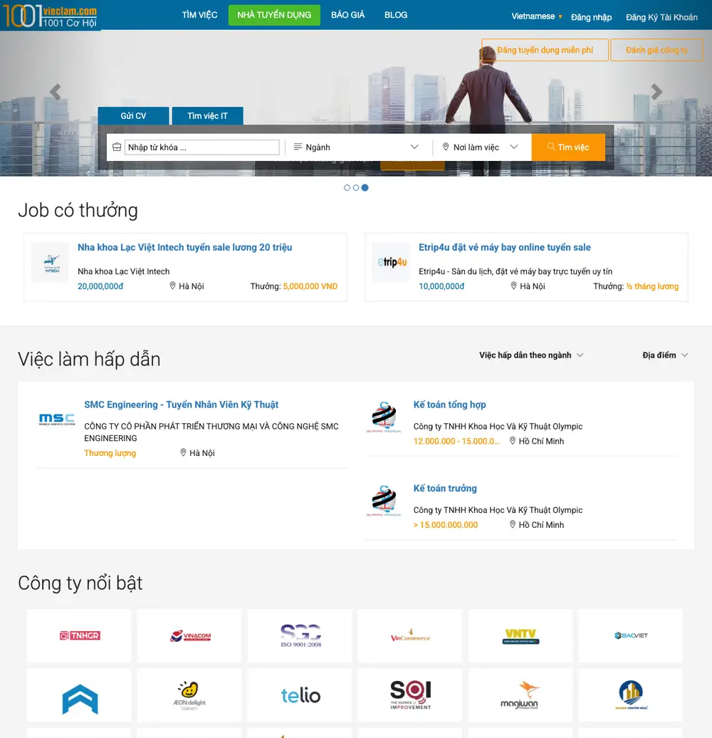 1001vieclam job board platform screenshot showing job search interface