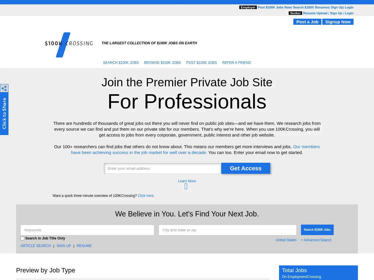 100KCrossing job board platform screenshot showing job search interface