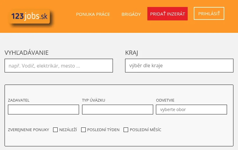 123jobs.sk job board platform screenshot showing job search interface