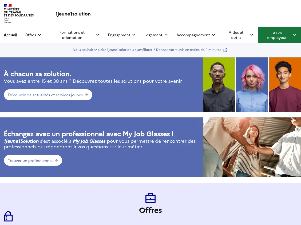 1jeune1solution job board platform screenshot showing job search interface