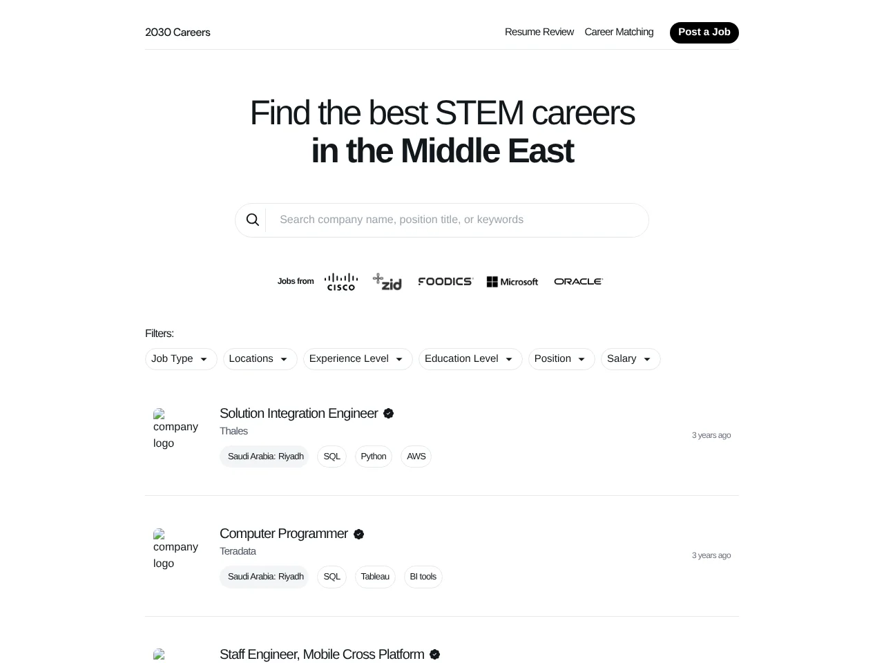 2030 Careers job board platform screenshot showing job search interface