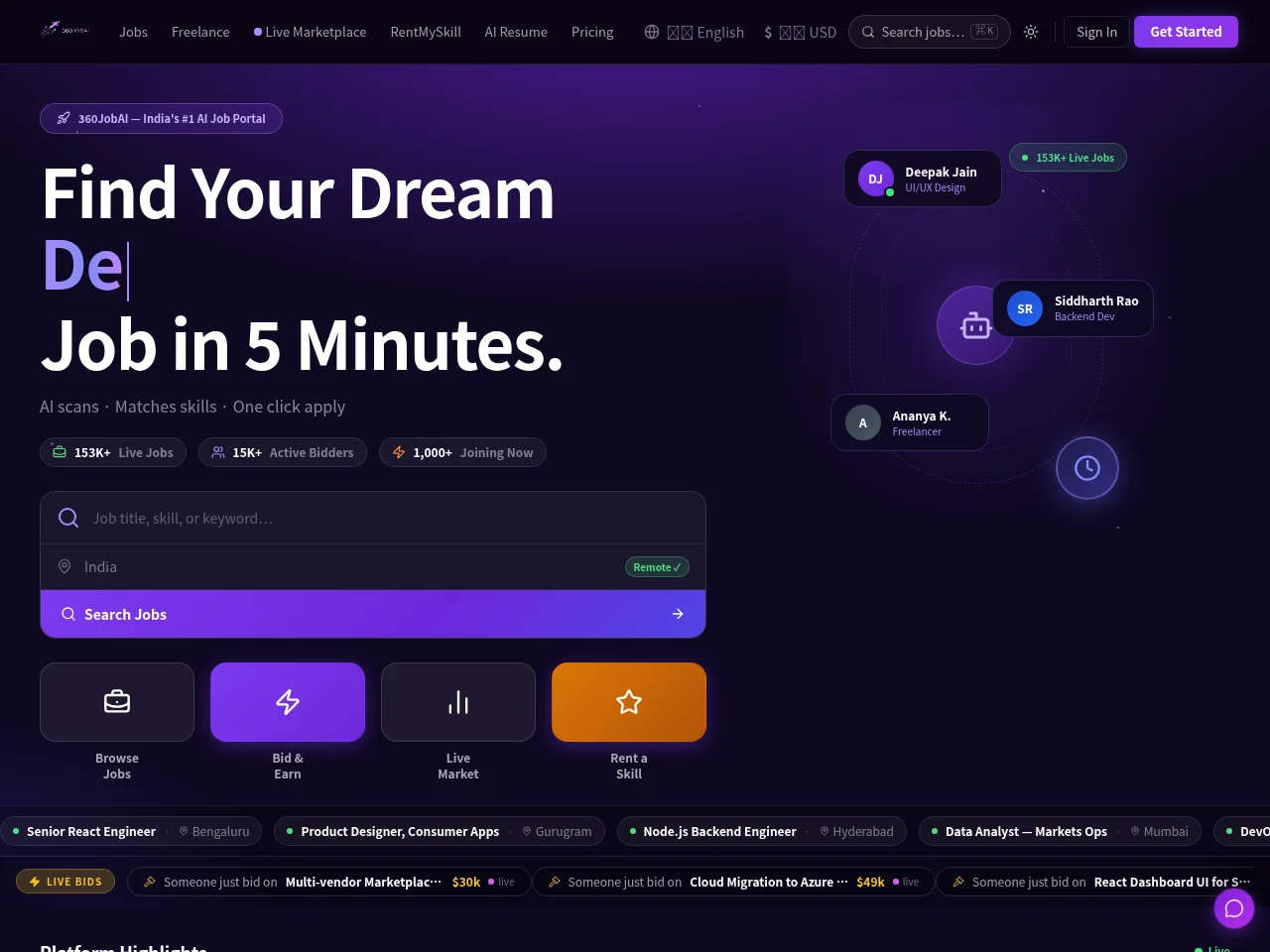 360JobAI job board platform screenshot showing job search interface