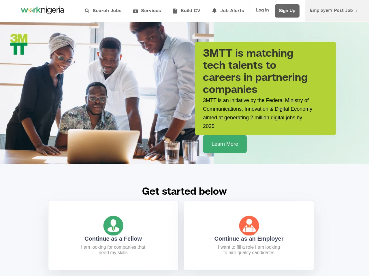 WorkNigeria - 3MTT job board platform screenshot showing job search interface