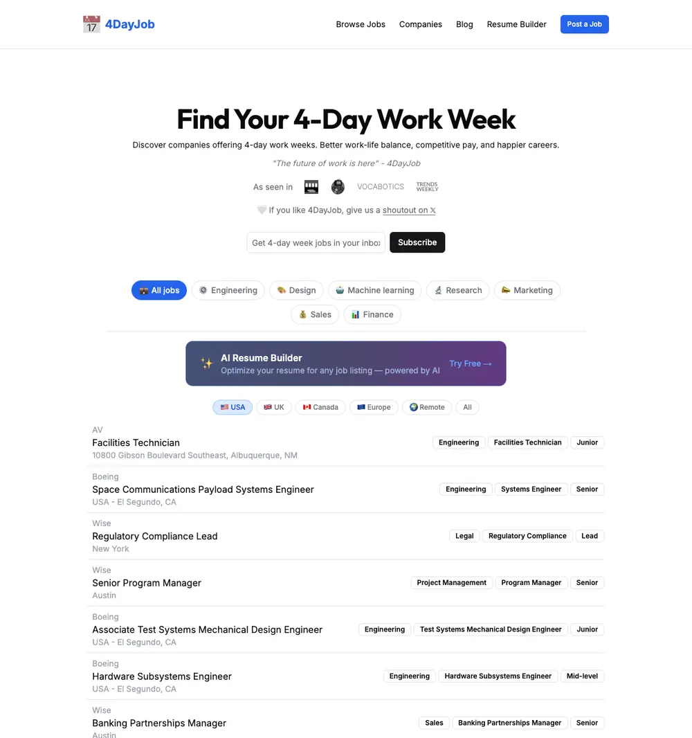 4DayJob job board platform screenshot showing job search interface