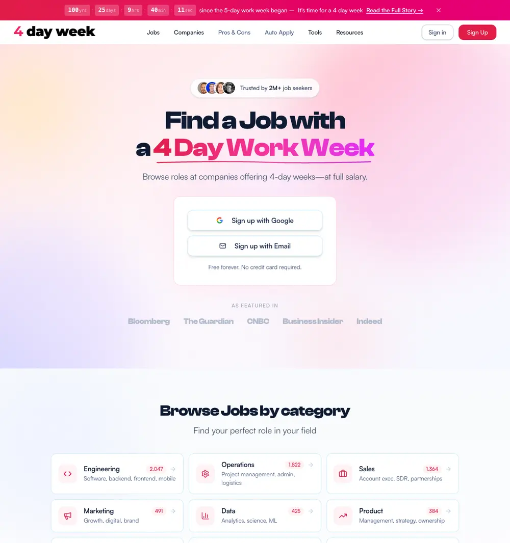 4dayweek.io job board platform screenshot showing job search interface