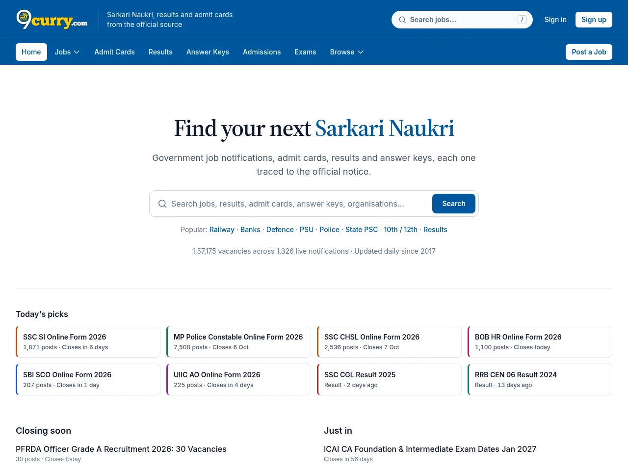 9curry.com job board platform screenshot showing job search interface