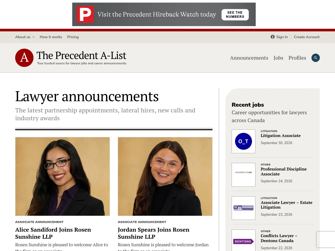 The Precedent A-List screenshot The Precedent A-List job board platform screenshot showing job search interface