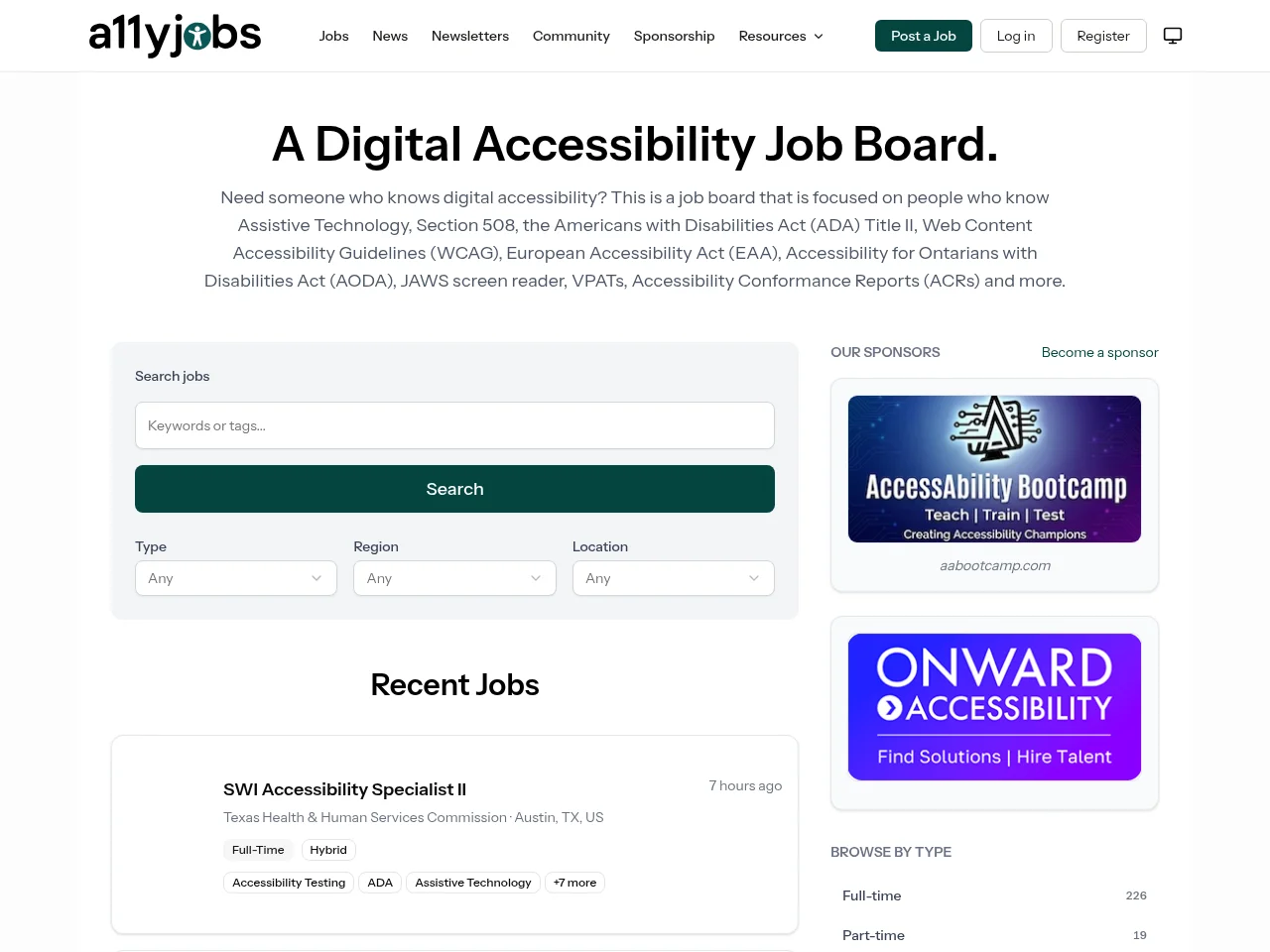 A11yJobs screenshot A11yJobs job board platform screenshot showing job search interface