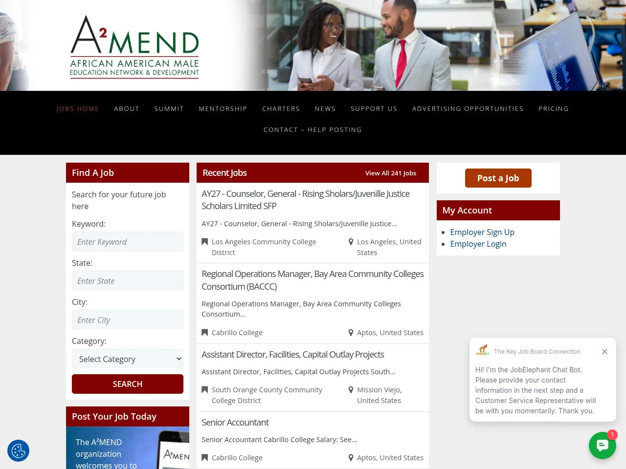 A²MEND Jobs job board platform screenshot showing job search interface