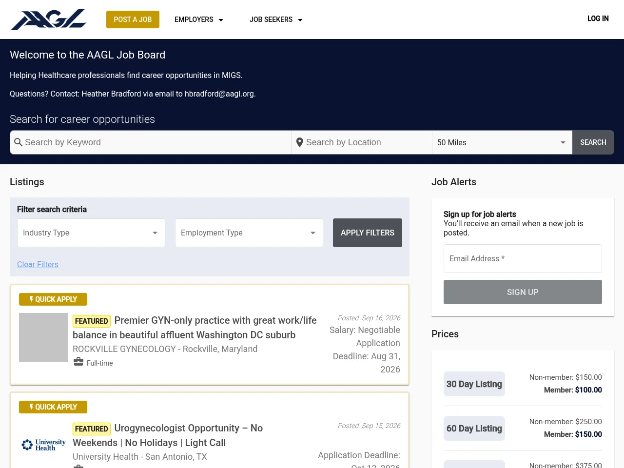 AAGL Career Center job board platform screenshot showing job search interface