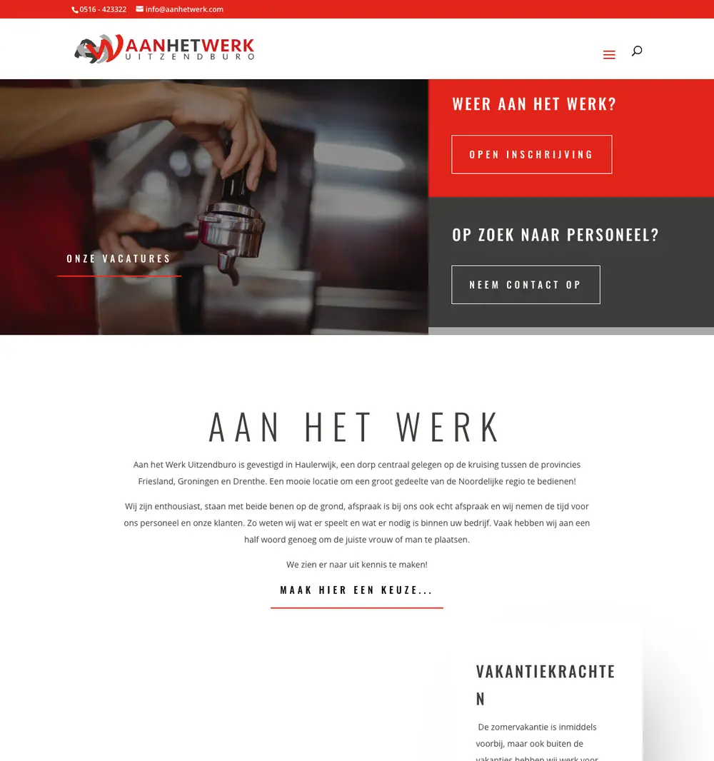 Aan het werk Uitzendburo job board platform screenshot showing job search interface