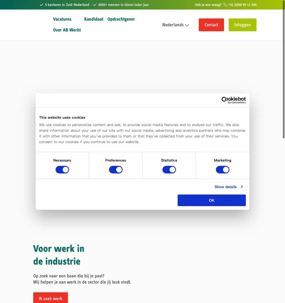 AB Werkt job board platform screenshot showing job search interface