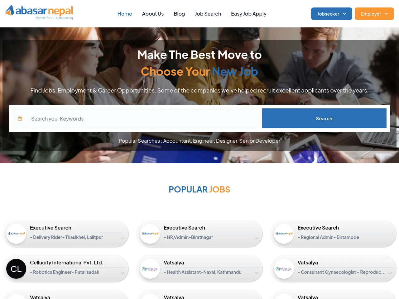 Abasar Nepal job board platform screenshot showing job search interface