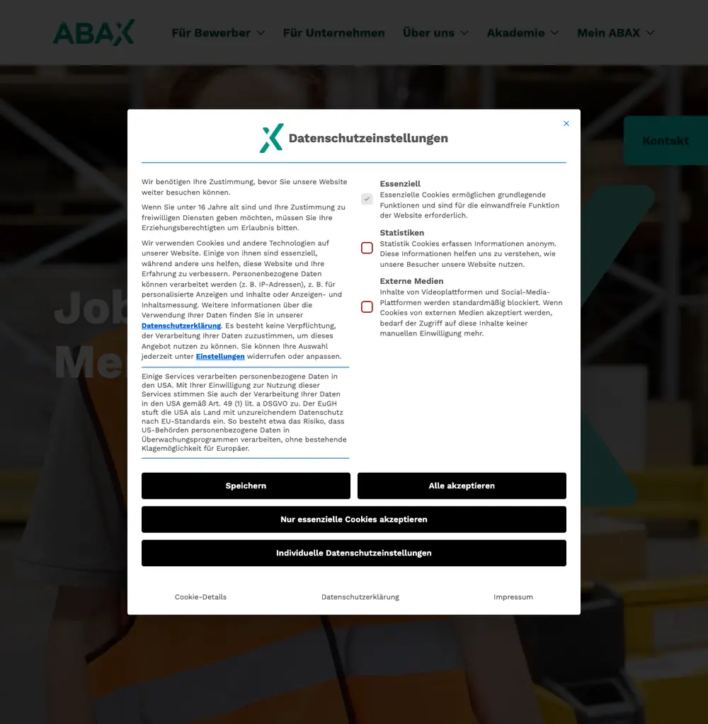 ABAX Personaldienstleistungen job board platform screenshot showing job search interface