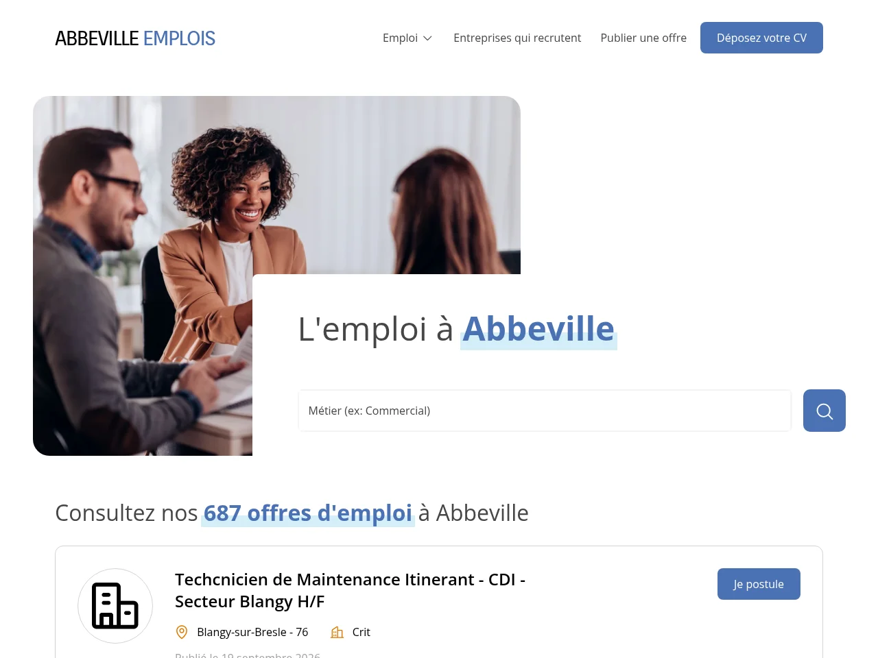 Abbeville Emplois job board platform screenshot showing job search interface