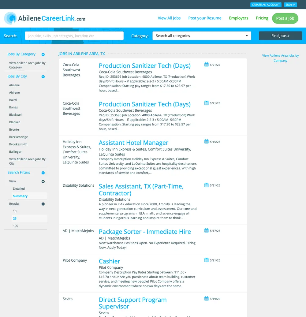 AbileneCareerLink.com job board platform screenshot showing job search interface