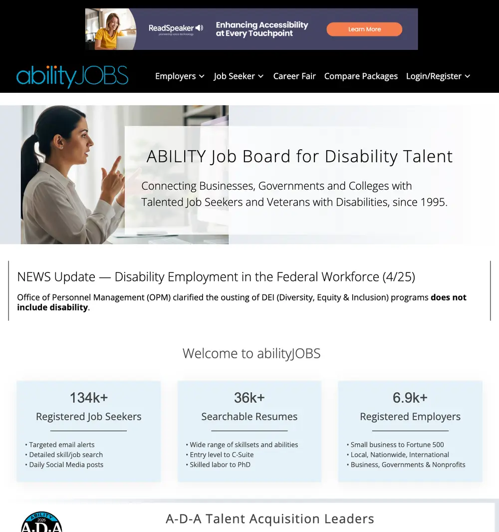 abilityJOBS job board platform screenshot showing job search interface
