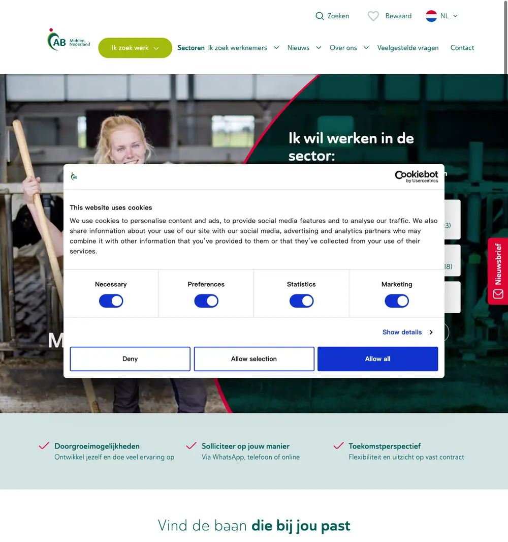 AB Midden Nederland job board platform screenshot showing job search interface