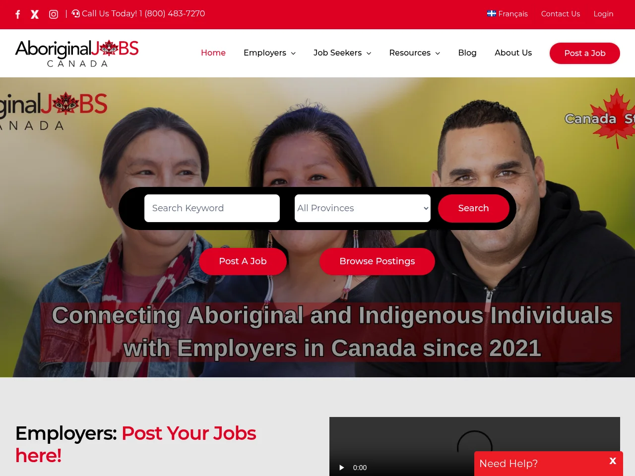 AboriginalJobsCanada job board platform screenshot showing job search interface