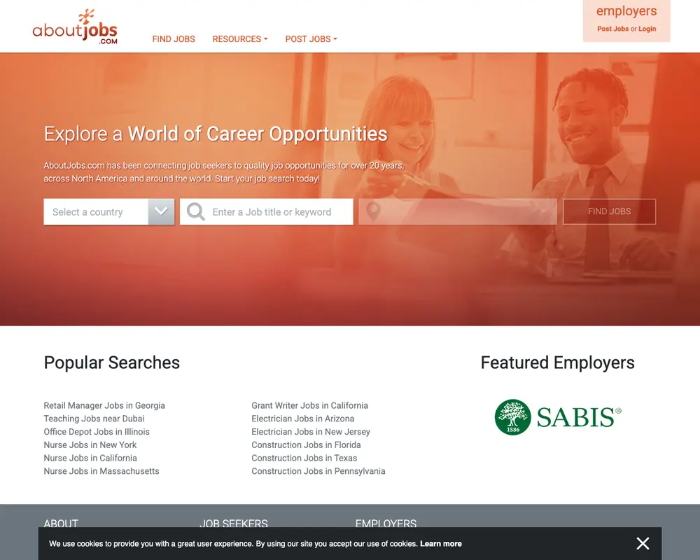 AboutJobs.com job board platform screenshot showing job search interface