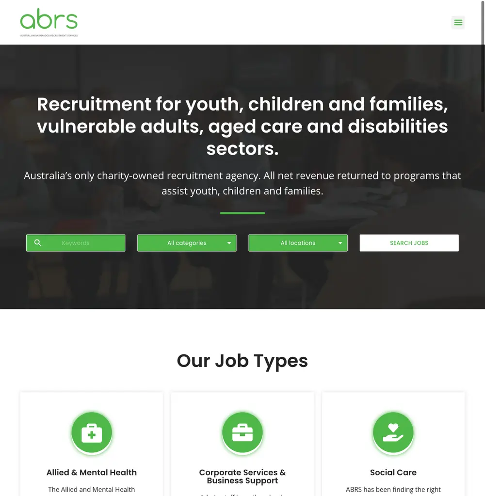 ABRS - Australian Barnardos Recruitment Services job board platform screenshot showing job search interface